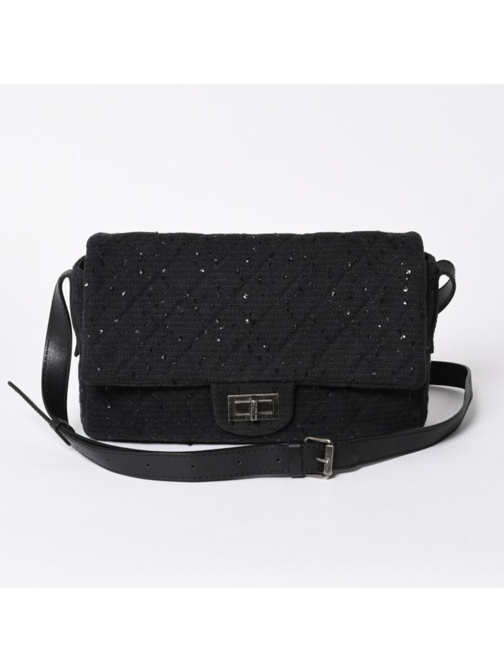 Chanel 2.55 Shoulder Bag CC Logo Sequins Canvas Leather Black